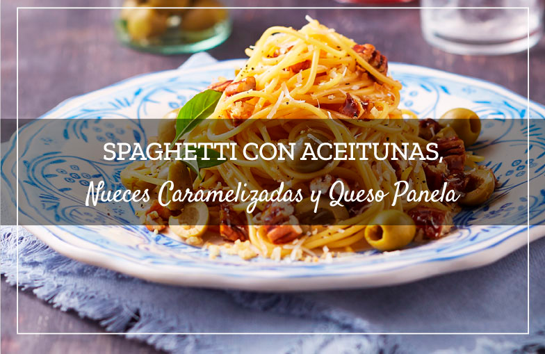 Spaghetti con Aceitunas Nueces Caramelizadas y Queso Panela
